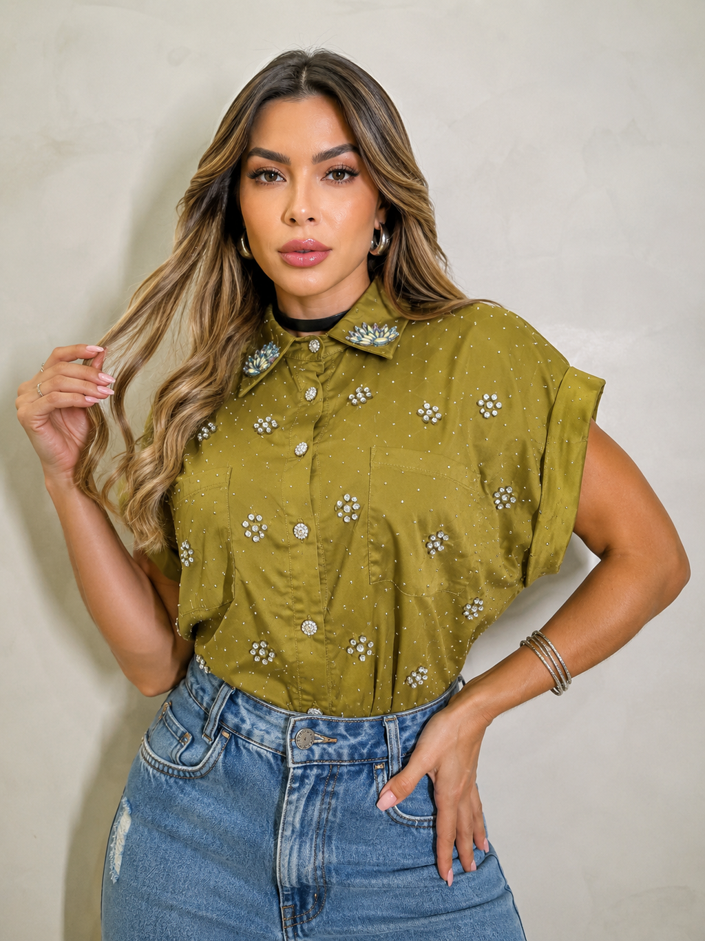 Camisa manga japonesa con pedrería