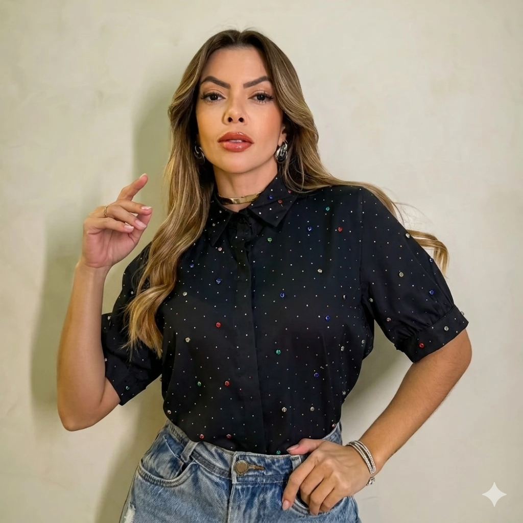 Camisa manga corta satinada con pedrería