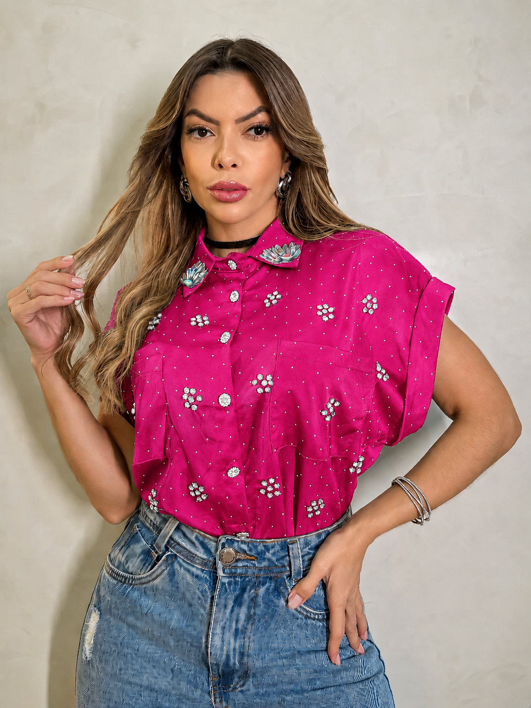 Camisa manga japonesa con pedrería