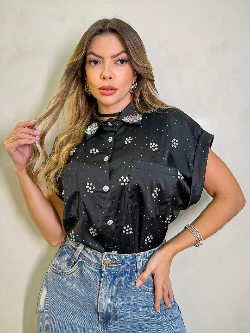 Camisa manga japonesa con pedrería